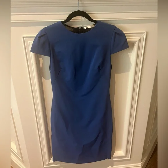 alice and olivia cobalt blue dress Dark blue denim puff sleeve long dress